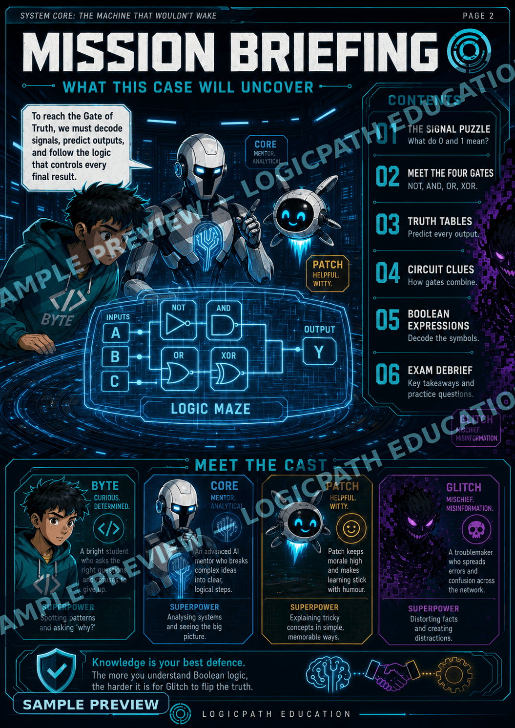 Watermarked Boolean Logic mission briefing from the System Core educational comic